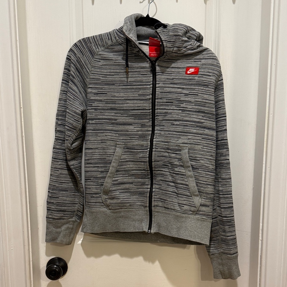Nike Gray and Black Striped Hoodie with Red Logo
